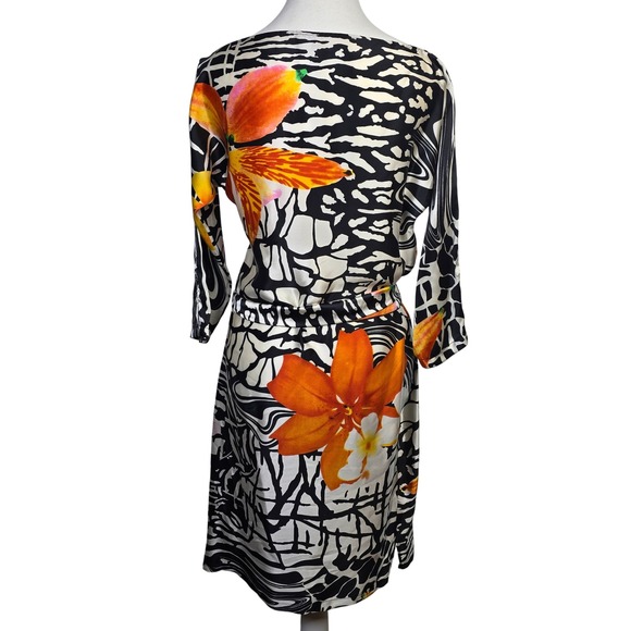 Vintage Cache Floral Print Dress Abstract Black White Pink Tie Waist‎ Midi - Picture 4 of 11